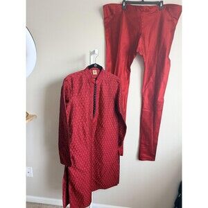 New Manyavar Kurta Pajama 2-pc Set Mens Large 40 Marooon Silk Wedding Party NWT